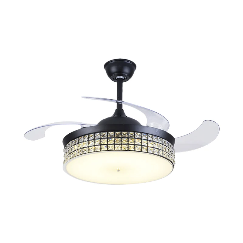 4-bladige drum semi-inbouwlamp modern geslepen kristal 19" brede LED zwarte hangende ventilatorlamp Clearhalo