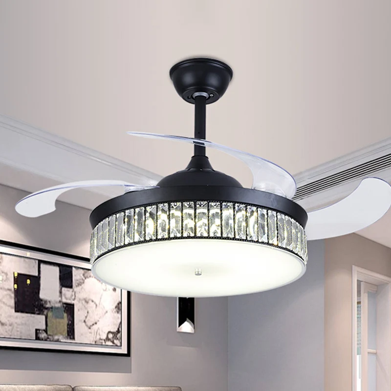 4-bladige drum semi-inbouwlamp modern geslepen kristal 19" brede LED zwarte hangende ventilatorlamp Clearhalo