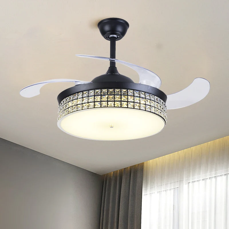 4-bladige drum semi-inbouwlamp modern geslepen kristal 19" brede LED zwarte hangende ventilatorlamp Clearhalo