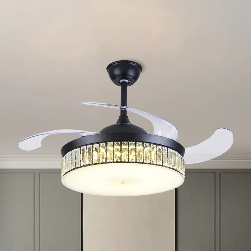 4-bladige drum semi-inbouwlamp modern geslepen kristal 19" brede LED zwarte hangende ventilatorlamp Clearhalo