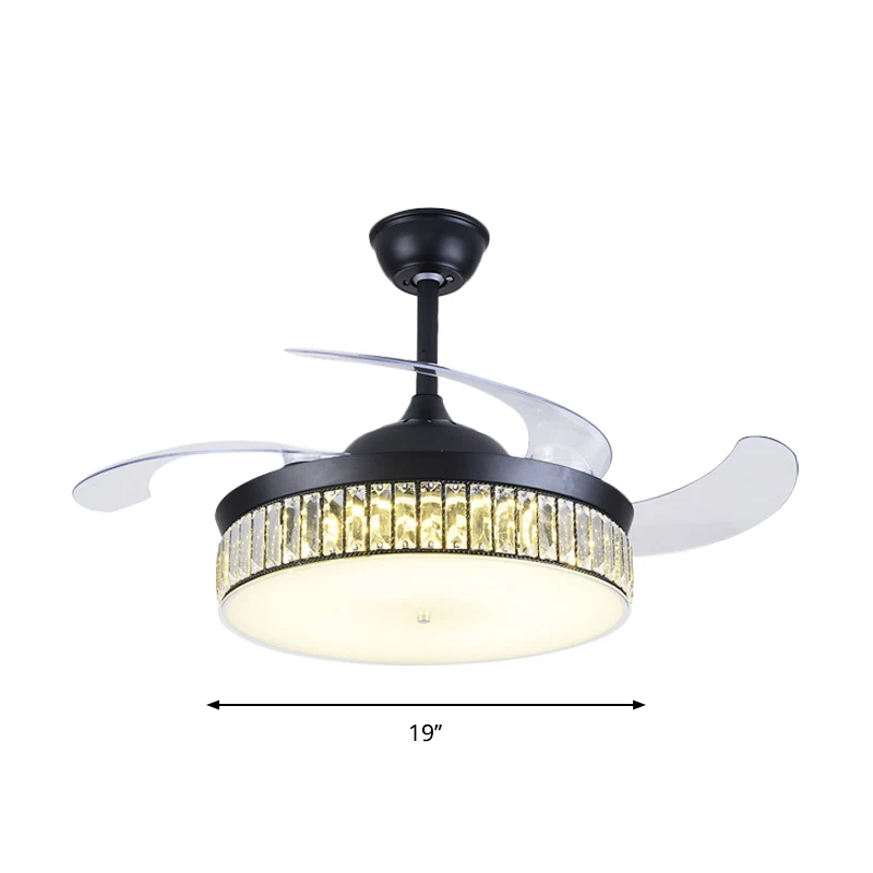 4-bladige drum semi-inbouwlamp modern geslepen kristal 19" brede LED zwarte hangende ventilatorlamp Clearhalo