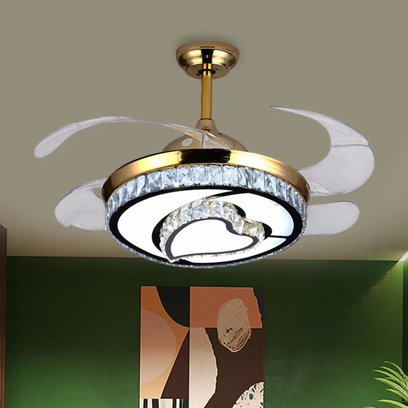 4-bladige LED-ronde hangende ventilatorlamp, hedendaagse gouden afwerking, heldere kristallen, semi-inbouwlicht met harton...