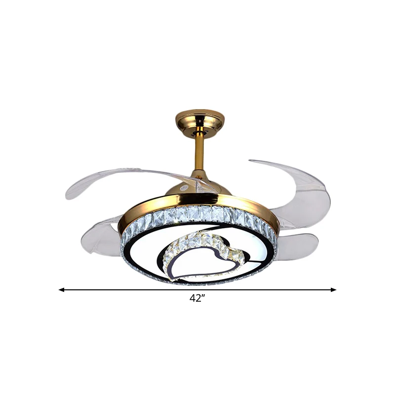 4-bladige LED-ronde hangende ventilatorlamp, hedendaagse gouden afwerking, heldere kristallen, semi-inbouwlicht met harton...