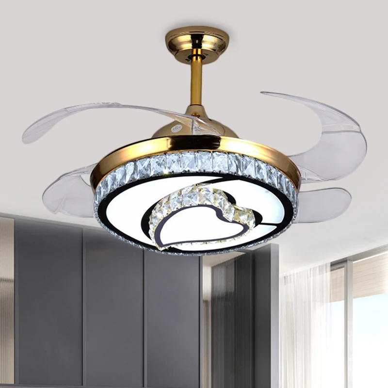 4-bladige LED-ronde hangende ventilatorlamp, hedendaagse gouden afwerking, heldere kristallen, semi-inbouwlicht met harton...