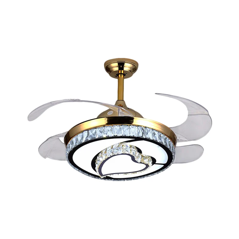 4-bladige LED-ronde hangende ventilatorlamp, hedendaagse gouden afwerking, heldere kristallen, semi-inbouwlicht met harton...