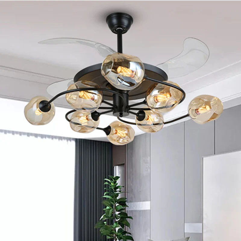 42" W 4-bladige retro plafondventilator Verlichting Bloemenwerveling Afstandsbediening Halfverzonken licht met glazen kap...