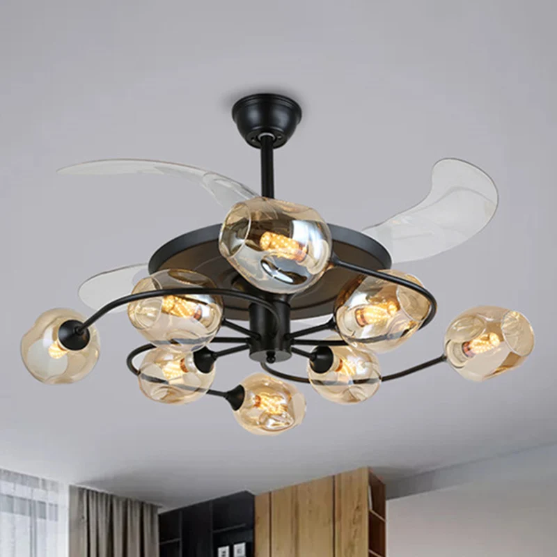 42" W 4-bladige retro plafondventilator Verlichting Bloemenwerveling Afstandsbediening Halfverzonken licht met glazen kap...