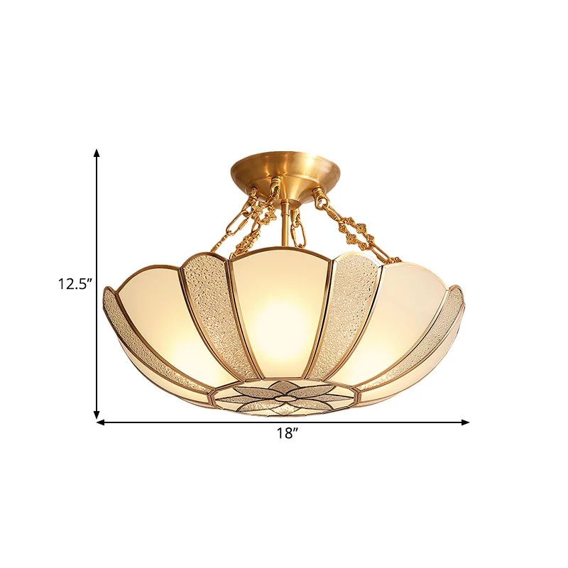 4-koppige geschulpte semi-flush traditionele plafondlamp van messing opaalglas met bloemenpatroon en ketting Clearhalo