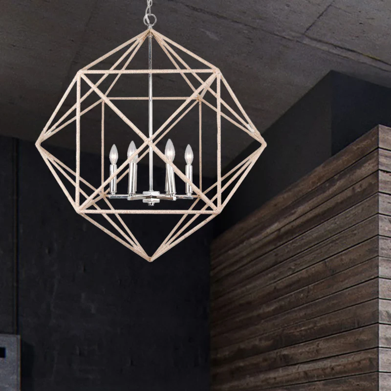 4-kops eetkamer hangende kroonluchter eigentijdse beige plafondhanglamp met metalen kooikap Clearhalo