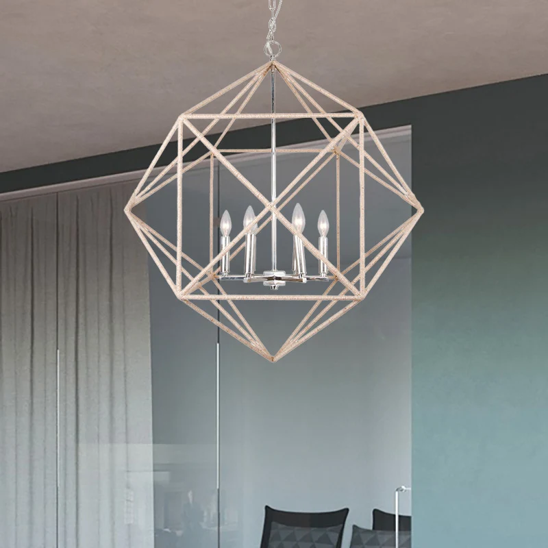 4-kops eetkamer hangende kroonluchter eigentijdse beige plafondhanglamp met metalen kooikap Clearhalo