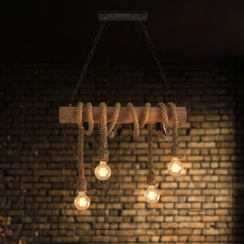 4-kops eilandverlichtingsarmatuur met open lamp, landelijk hout, met de hand gewikkeld touw ophanglicht Clearhalo