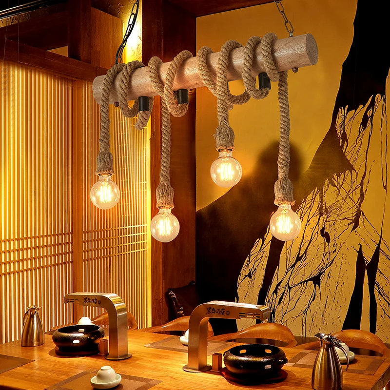 4-kops eilandverlichtingsarmatuur met open lamp, landelijk hout, met de hand gewikkeld touw ophanglicht Clearhalo
