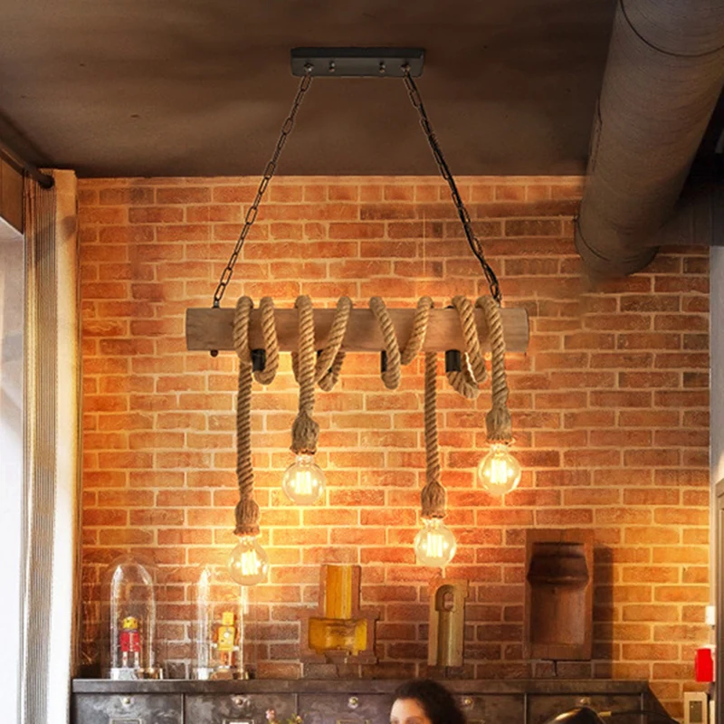 4-kops eilandverlichtingsarmatuur met open lamp, landelijk hout, met de hand gewikkeld touw ophanglicht Clearhalo