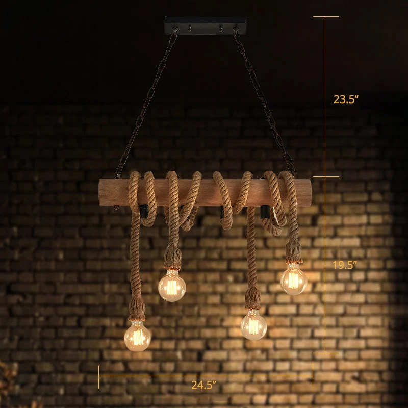 4-kops eilandverlichtingsarmatuur met open lamp, landelijk hout, met de hand gewikkeld touw ophanglicht Clearhalo