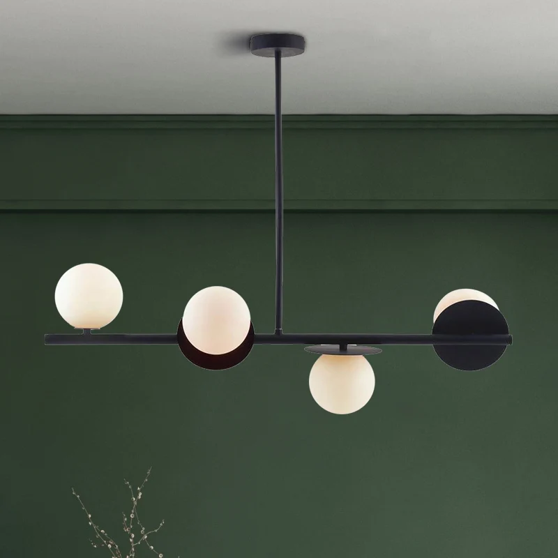 4-lichts Ball Island hanglamp, eigentijds matwit glazen plafondlamp wit/zwart met verstelbare stang Clearhalo