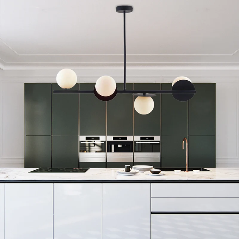 4-lichts Ball Island hanglamp, eigentijds matwit glazen plafondlamp wit/zwart met verstelbare stang Clearhalo