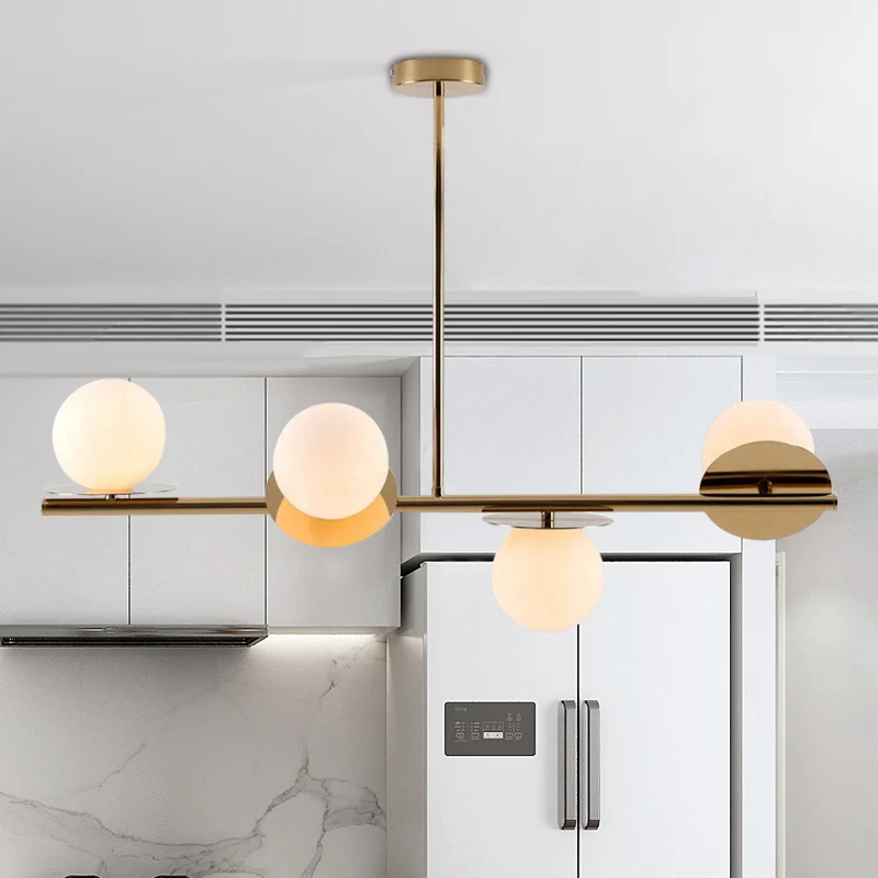 4-lichts Ball Island hanglamp, eigentijds matwit glazen plafondlamp wit/zwart met verstelbare stang Clearhalo
