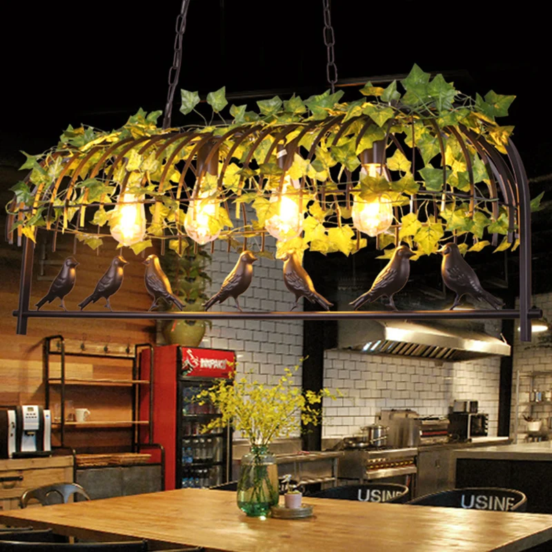 4-lichts Caged Island Light industriële zwart metalen hanglamp voor eetkamer met vogel Clearhalo