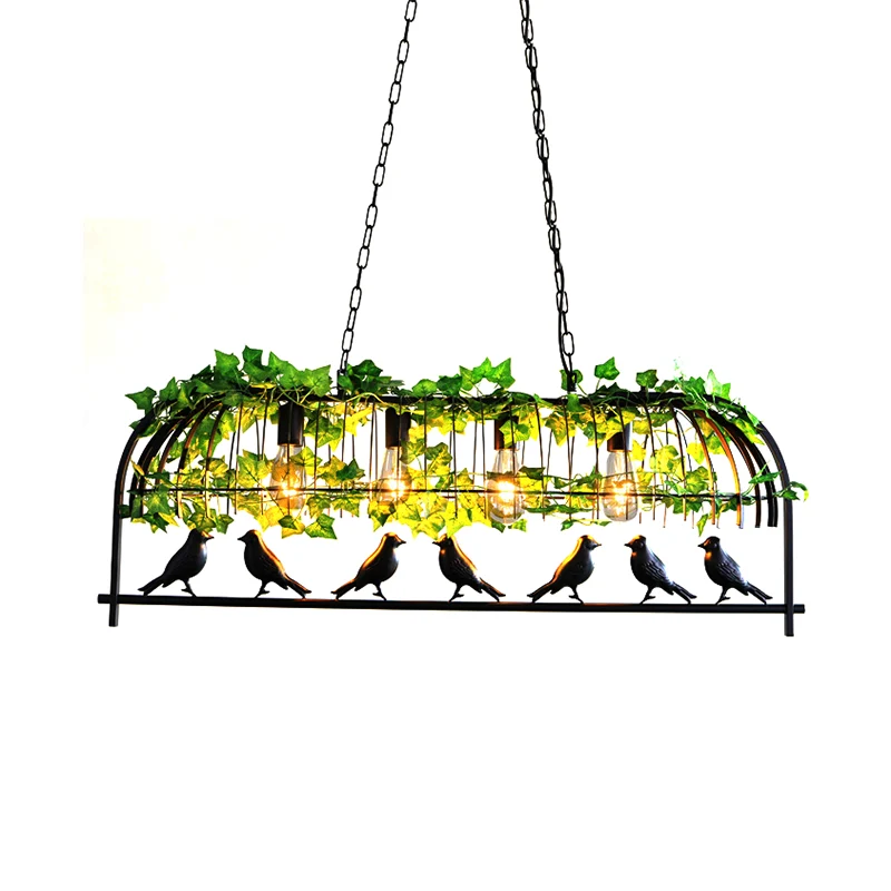 4-lichts Caged Island Light industriële zwart metalen hanglamp voor eetkamer met vogel Clearhalo