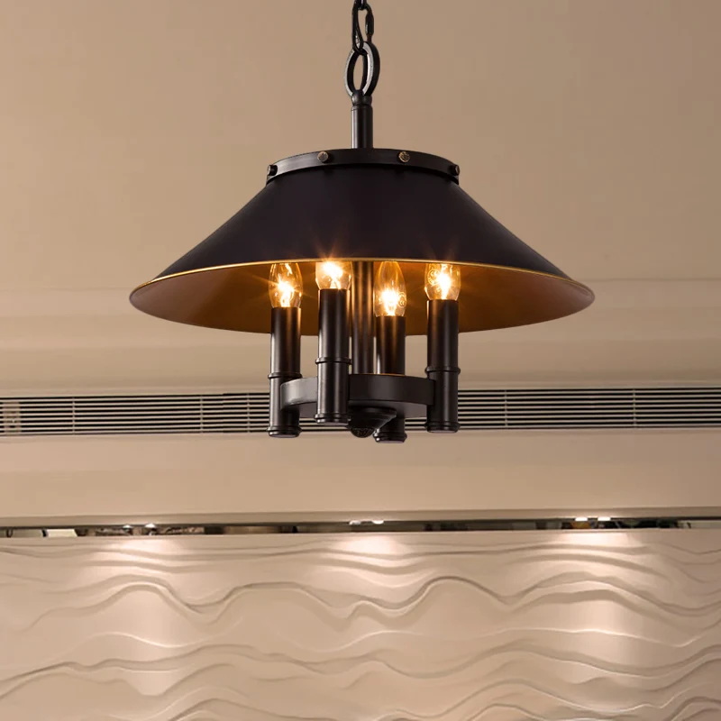 4-lichts kroonluchterverlichting met conische kap metalen eetkamerhanglamp boerderijstijl zwart Clearhalo