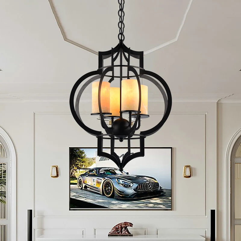 4-lichts lantaarnframe hanglamp platteland zwarte afwerking metalen kroonluchterverlichting Clearhalo