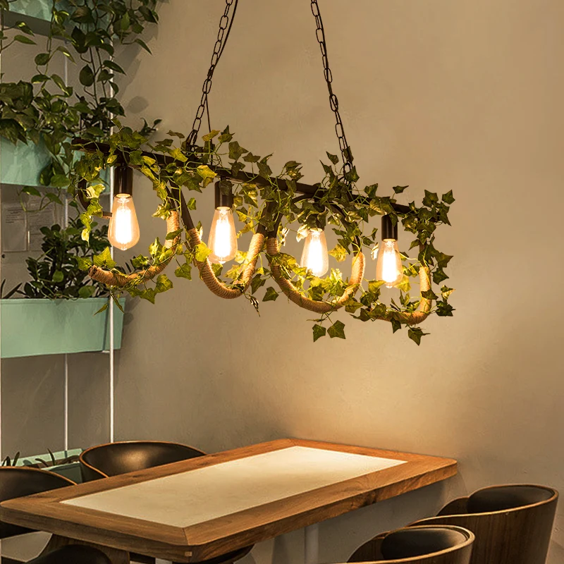 4-lichts lineaire eilandlamp met kunstplant Lodge metalen hanglamp zwart Clearhalo
