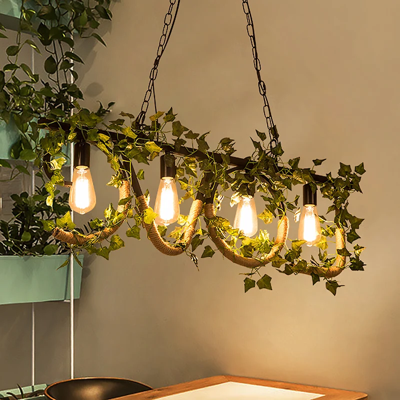 4-lichts lineaire eilandlamp met kunstplant Lodge metalen hanglamp zwart Clearhalo