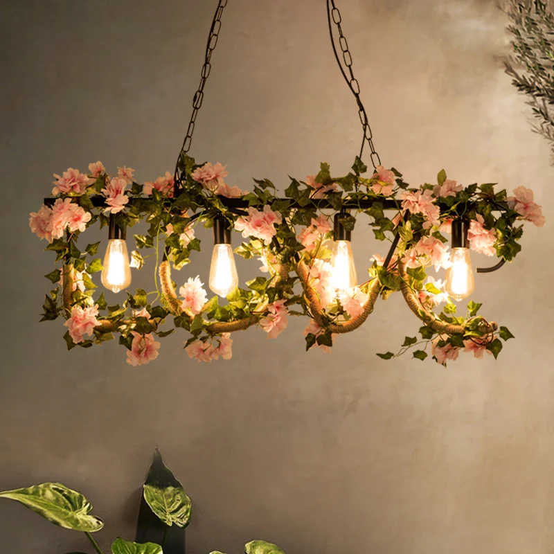 4-lichts lineaire eilandlamp met kunstplant Lodge metalen hanglamp zwart Clearhalo