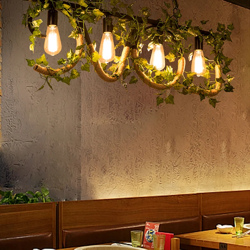 4-lichts lineaire eilandlamp met kunstplant Lodge metalen hanglamp zwart Clearhalo