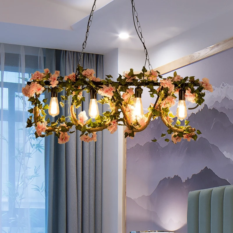 4-lichts lineaire eilandlamp met kunstplant Lodge metalen hanglamp zwart Clearhalo
