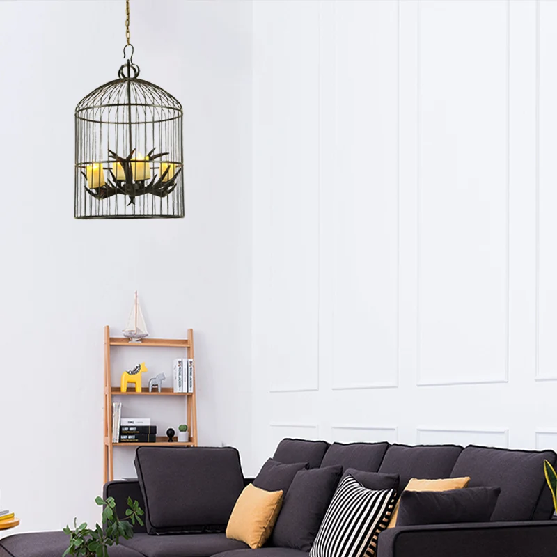 4-lichts metalen kroonluchterlamp, rustiek zwart vogelkooi, woonkamer, neerwaartse verlichtingshanger met matglazen kap Cl...