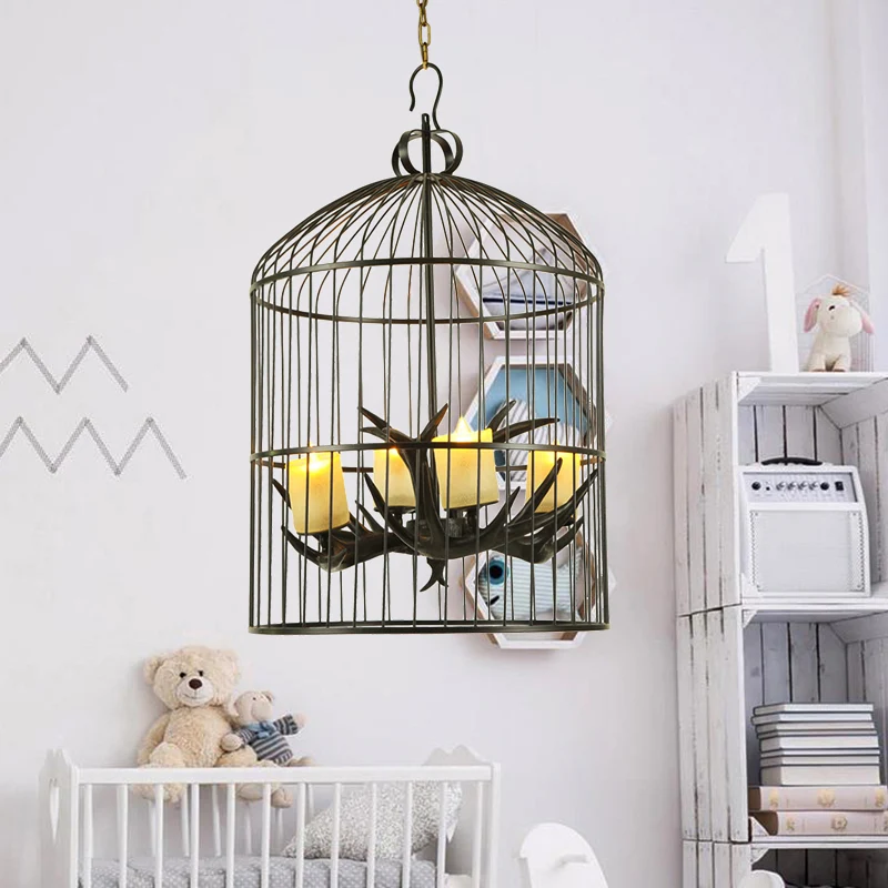 4-lichts metalen kroonluchterlamp, rustiek zwart vogelkooi, woonkamer, neerwaartse verlichtingshanger met matglazen kap Cl...