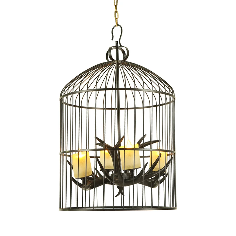 4-lichts metalen kroonluchterlamp, rustiek zwart vogelkooi, woonkamer, neerwaartse verlichtingshanger met matglazen kap Cl...