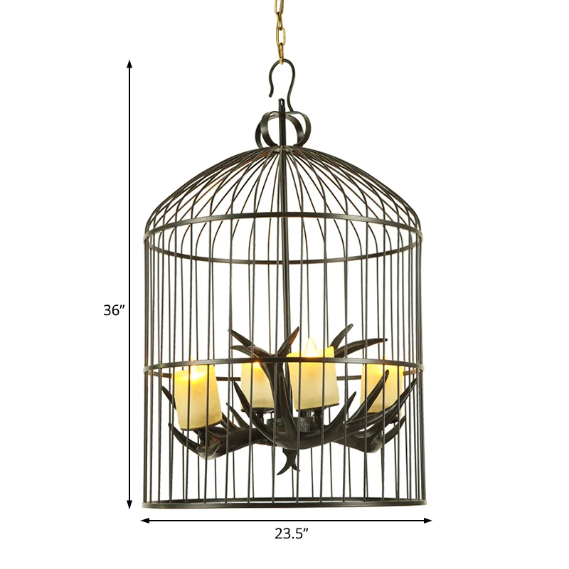 4-lichts metalen kroonluchterlamp, rustiek zwart vogelkooi, woonkamer, neerwaartse verlichtingshanger met matglazen kap Cl...