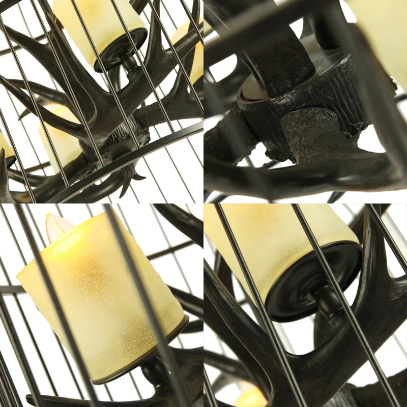 4-lichts metalen kroonluchterlamp, rustiek zwart vogelkooi, woonkamer, neerwaartse verlichtingshanger met matglazen kap Cl...