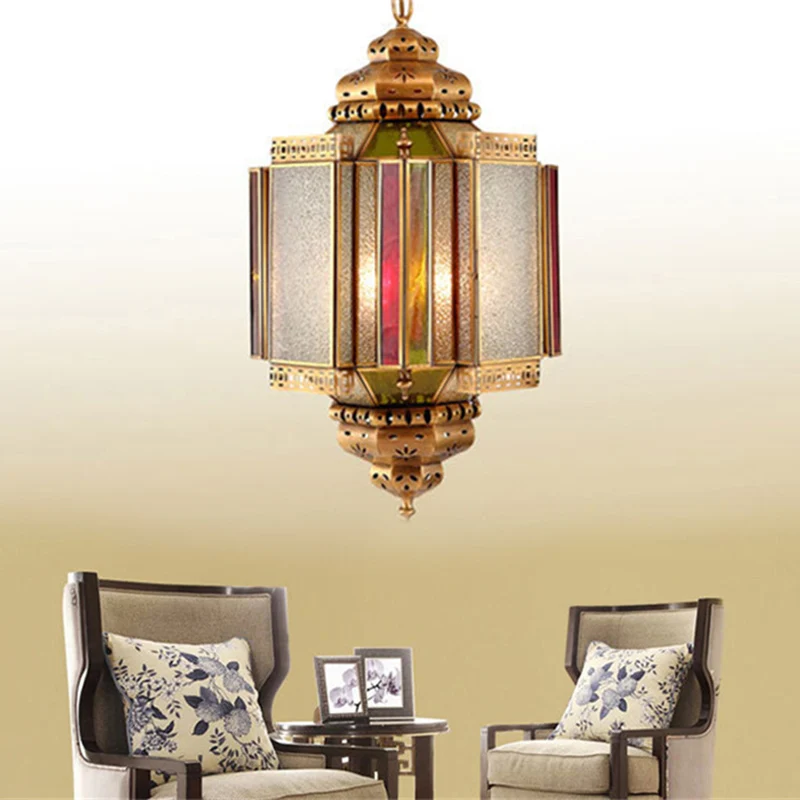 4-lichts plafondkroonluchter, klassieke veranda-hanglamp met lantaarn, matglazen kap messing Clearhalo