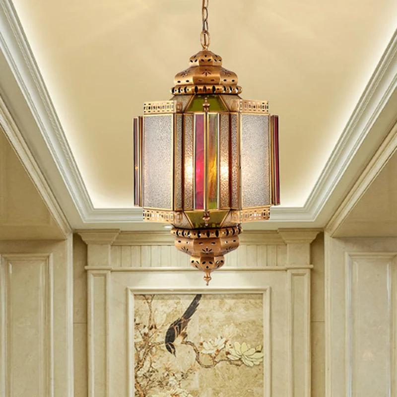 4-lichts plafondkroonluchter, klassieke veranda-hanglamp met lantaarn, matglazen kap messing Clearhalo