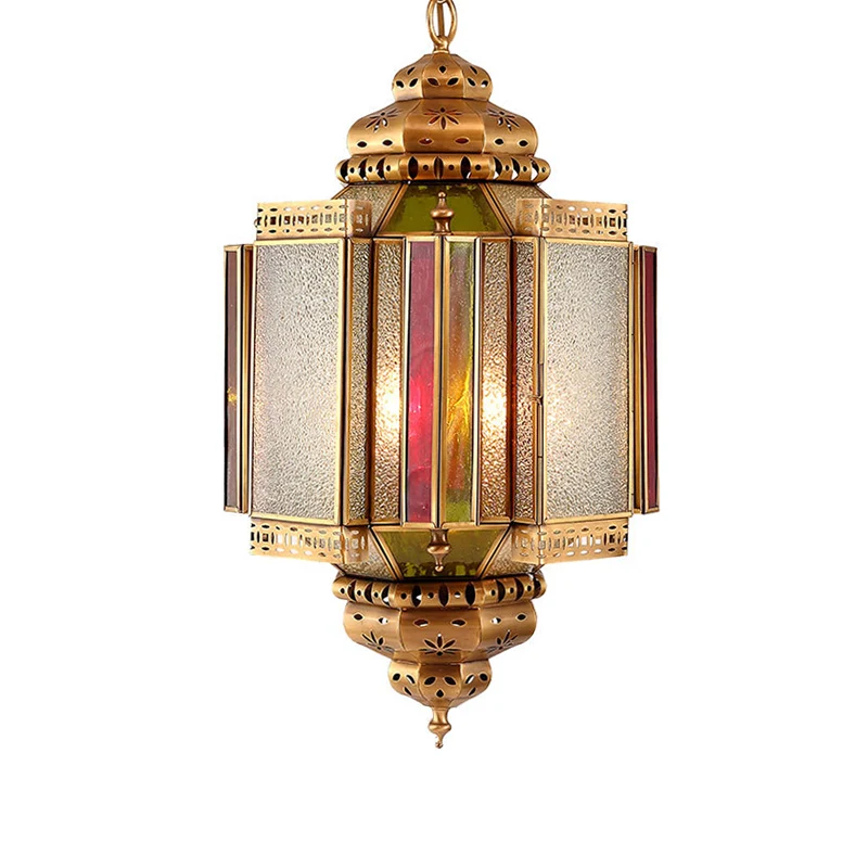 4-lichts plafondkroonluchter, klassieke veranda-hanglamp met lantaarn, matglazen kap messing Clearhalo