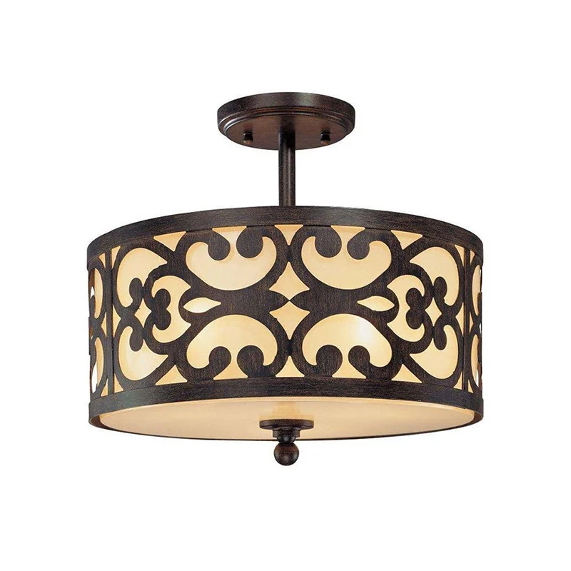 4-lichts semi-inbouw traditionele trommel metalen plafondlamp roest voor woonkamer, 16"/19,5"/23,5" breed Clearhalo