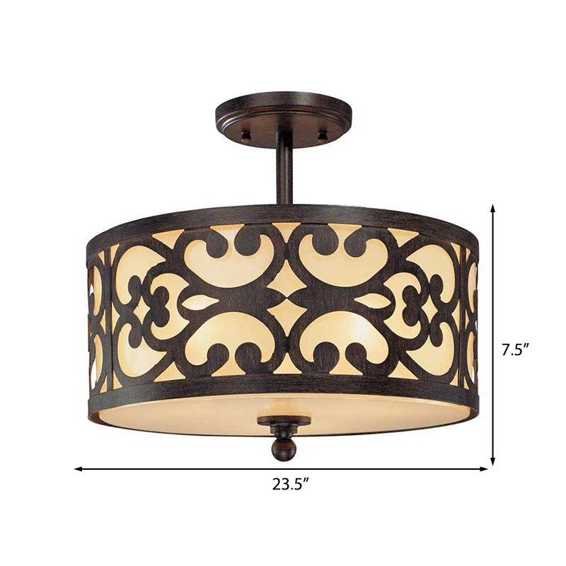 4-lichts semi-inbouw traditionele trommel metalen plafondlamp roest voor woonkamer, 16"/19,5"/23,5" breed Clearhalo