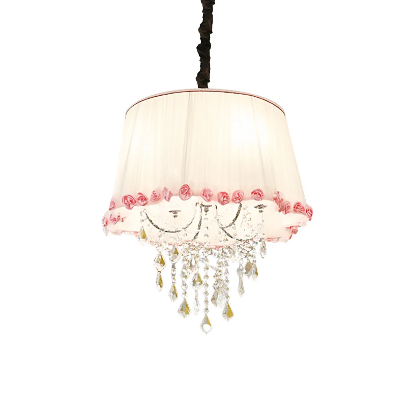 4-lichts taps toelopende kroonluchterlamp moderne stoffen hanglamp met heldere kristallen kraal wit en roze voor slaapkame...