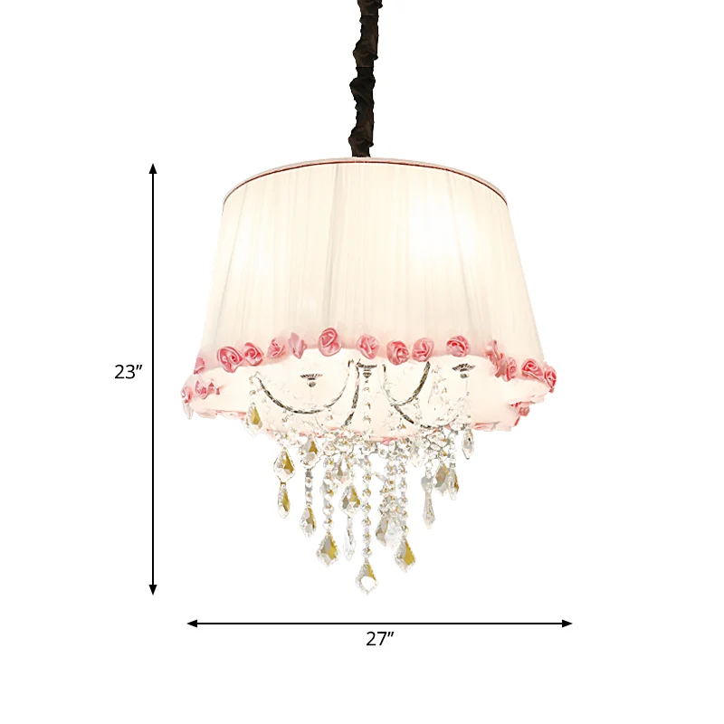 4-lichts taps toelopende kroonluchterlamp moderne stoffen hanglamp met heldere kristallen kraal wit en roze voor slaapkame...