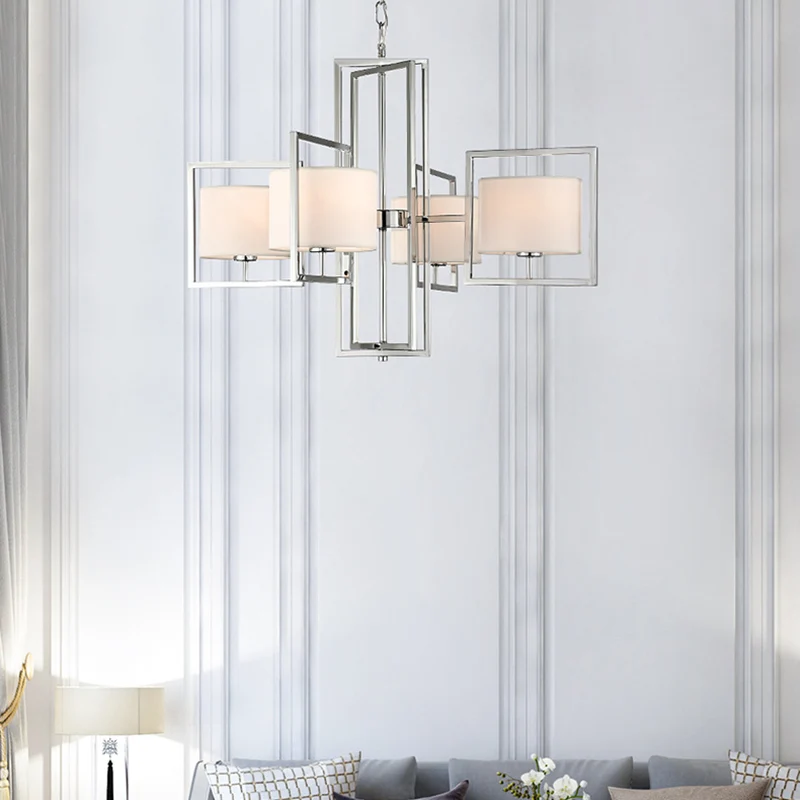 4-lichts woonkamer kroonluchterlamp met ton stoffen kap moderne chroom hangende lantaarn Clearhalo
