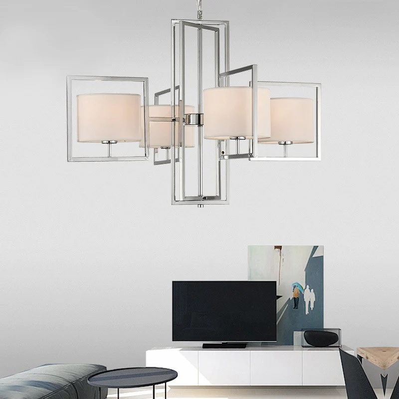 4-lichts woonkamer kroonluchterlamp met ton stoffen kap moderne chroom hangende lantaarn Clearhalo