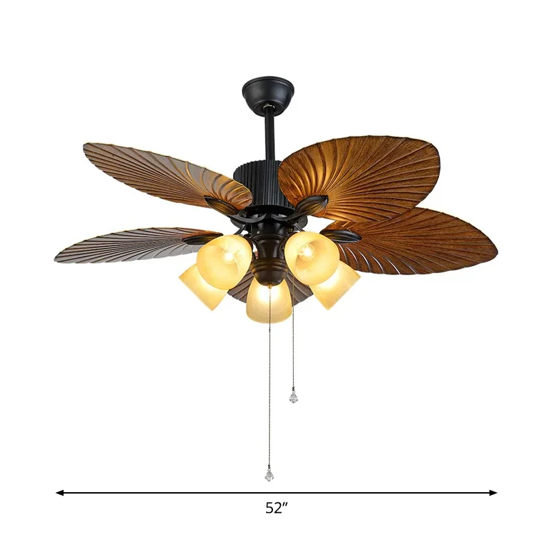 5-bladige 5-kops slaapkamer plafondventilatorlamp modern zwart halfverzonken licht met conische plastic kap, 52" breed Cle...