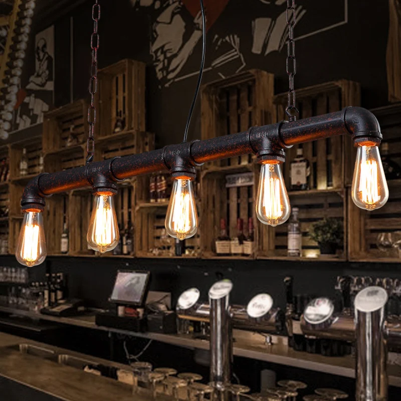 5-kops hanglamp Vintage lineaire pijp Iron Island-plafondlamp voor restaurant Clearhalo