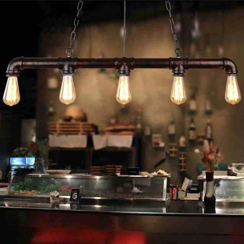 5-kops hanglamp Vintage lineaire pijp Iron Island-plafondlamp voor restaurant Clearhalo
