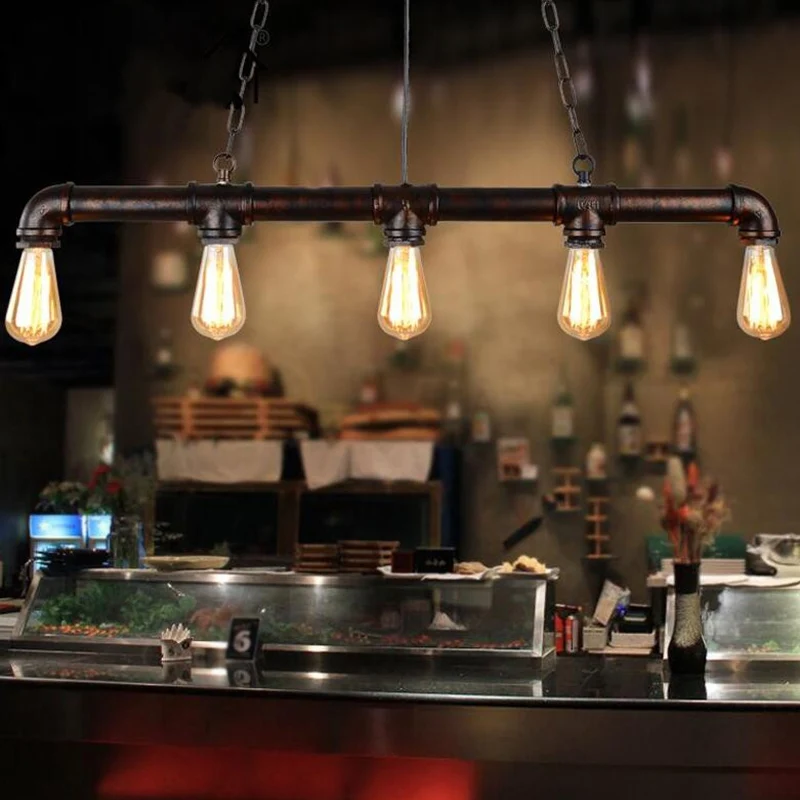 5-kops hanglamp Vintage lineaire pijp Iron Island-plafondlamp voor restaurant Clearhalo