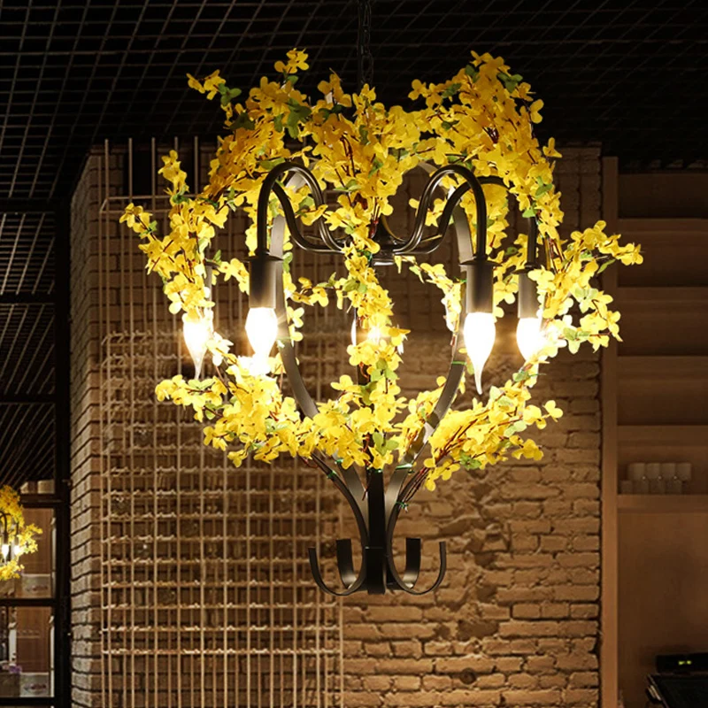 5-kops ijzeren hangende kroonluchter traditionele zwarte bloemenmand restaurant ophangplafondlamp Clearhalo
