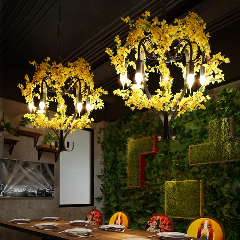 5-kops ijzeren hangende kroonluchter traditionele zwarte bloemenmand restaurant ophangplafondlamp Clearhalo